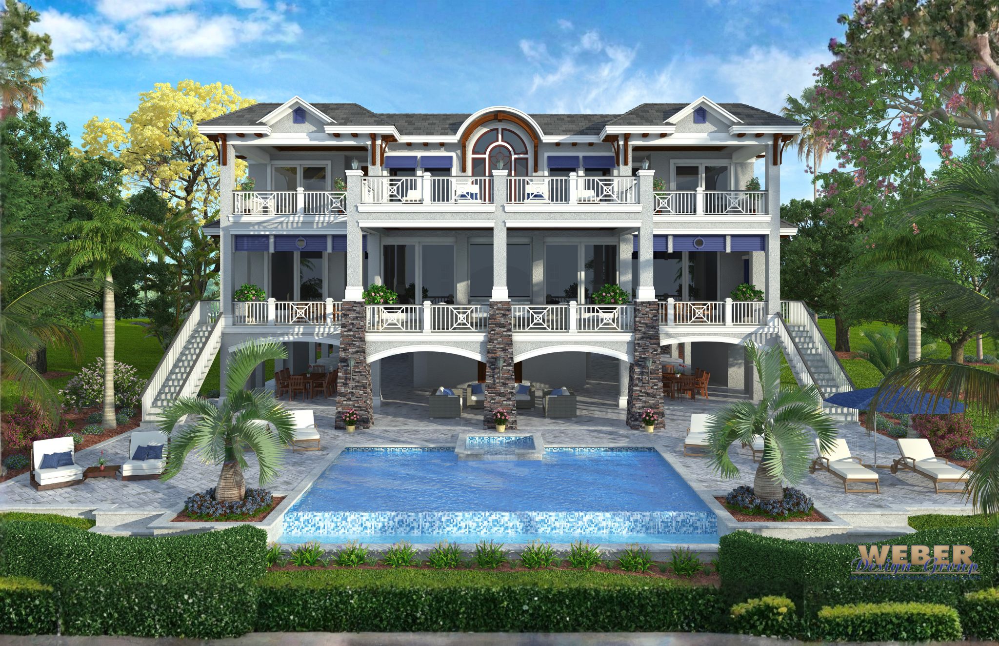Caribbean Isle Coastal house plan rear elevation with pool and outdoor living