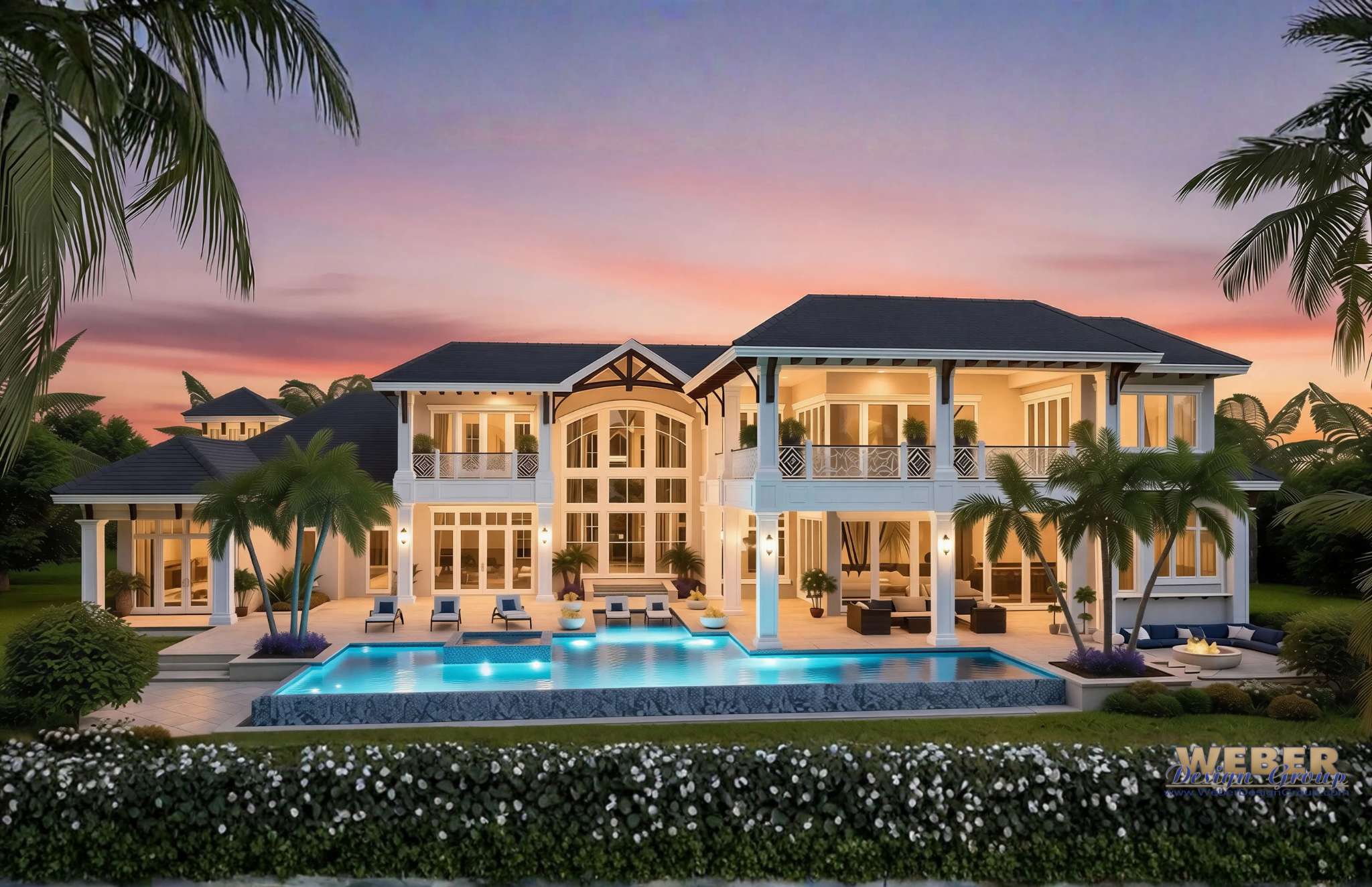 Coral Crest 5-Bedroom Luxury House Plan Rear Elevation with Resort-Style Pool