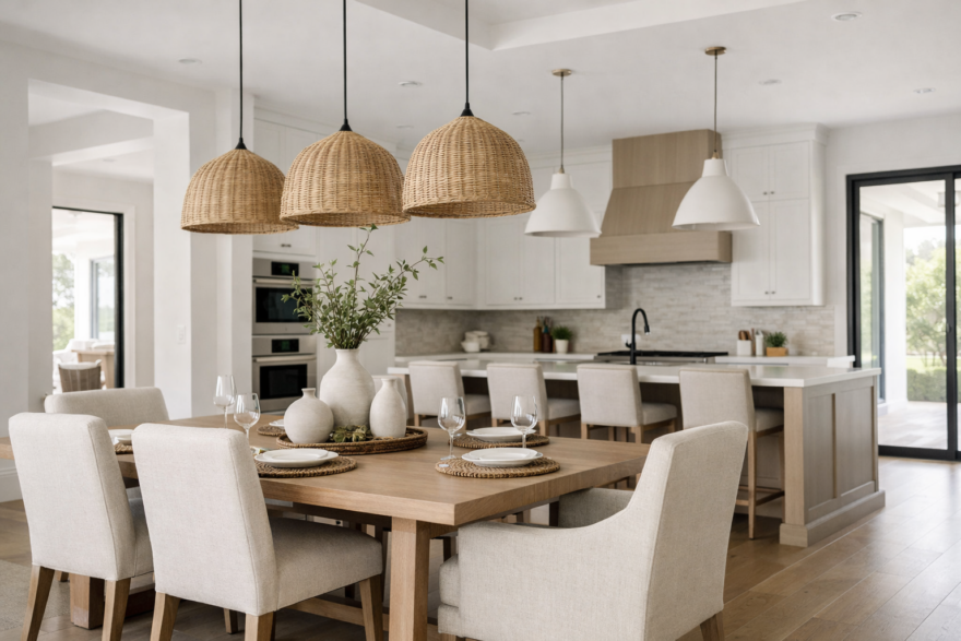 Open kitchen and dining layout with large island and seating designed for flexible holiday entertaining
