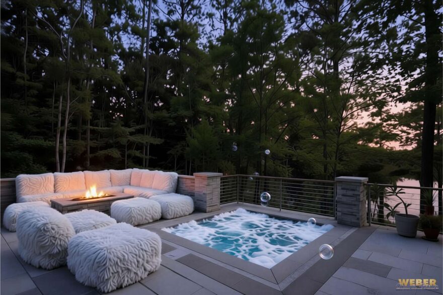 Fall outdoor living featuring fireplaces or fire pits, natural stone materials, warm seating, and outdoor lighting for cool evenings