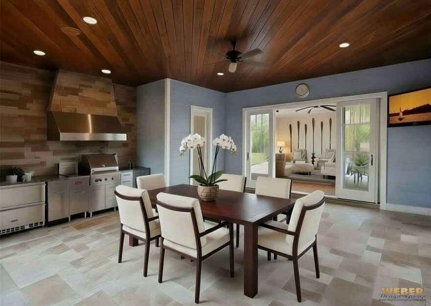 Spring outdoor living with covered lanai, retractable screens, porcelain pavers, and outdoor ceiling fan for comfortable early-season enjoyment