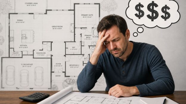Frustrated homeowner reviewing house plans and construction costs
