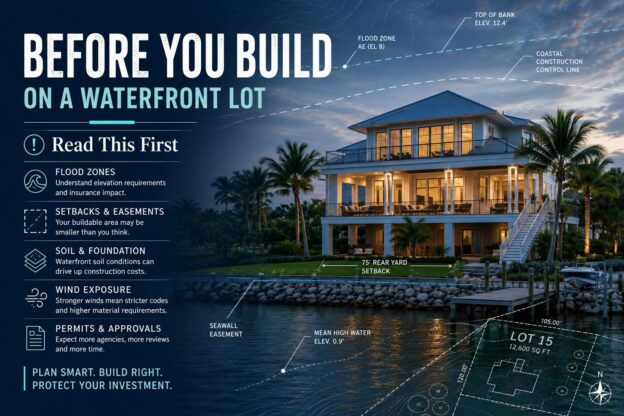 Waterfront house with blueprint overlays showing flood zones, setbacks, and waterfront construction planning