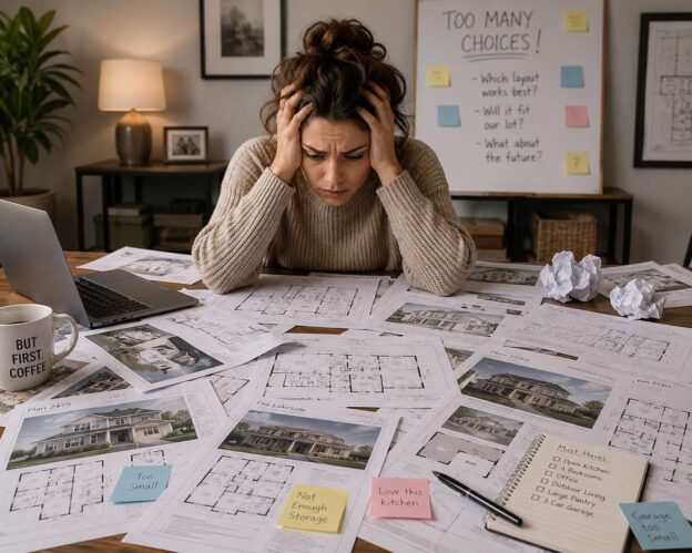 Overwhelmed homeowner comparing multiple house plans at a table