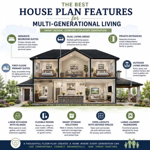 Multi-generational house plan with private suites and flexible family living spaces