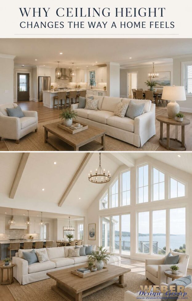 Standard and vaulted great rooms showing how ceiling height affects a home
