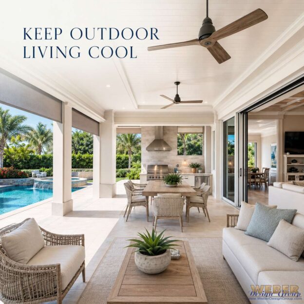 Covered outdoor living space with pool, ceiling fans and outdoor kitchen